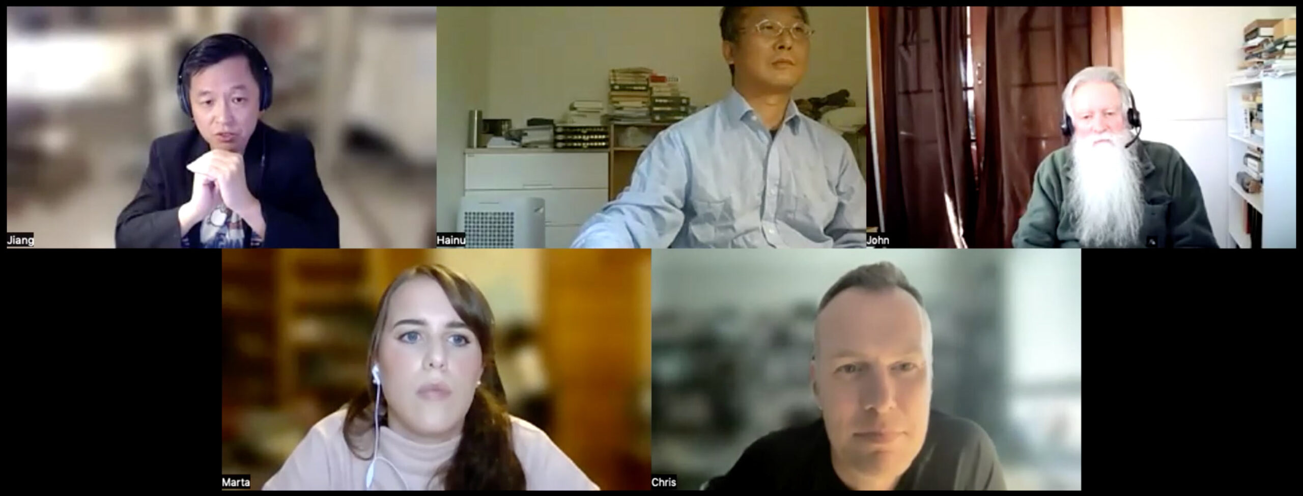 Top row: Jiang Wu, Jiang Hainu, and John Jorgensen. Bottom row: Marta Sanvido and Chris Goto-Jones.